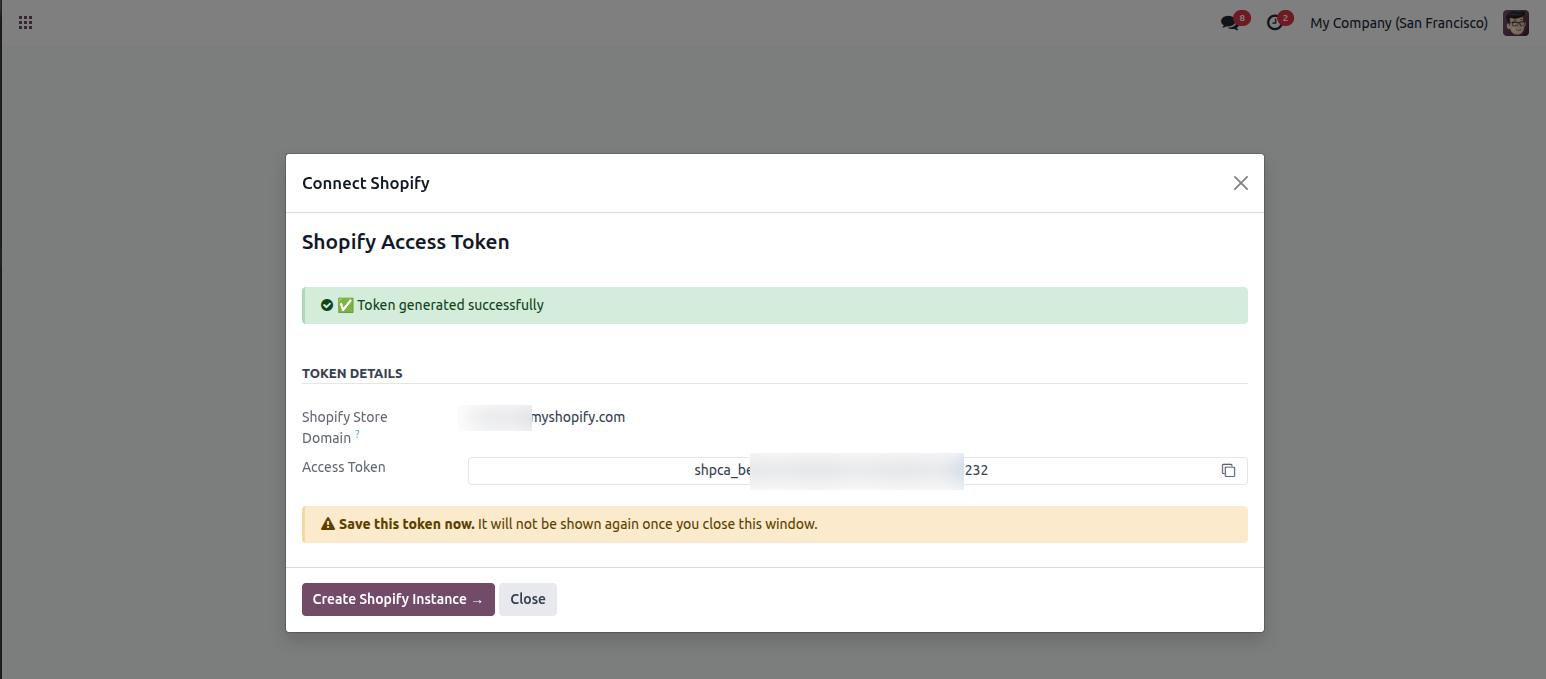 Odoo Wizard — Token Generated view