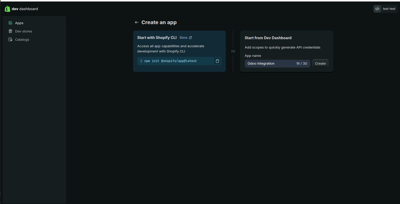 Shopify Dev Dashboard — Create App