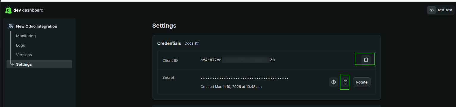 Shopify App Settings — Client ID and Secret