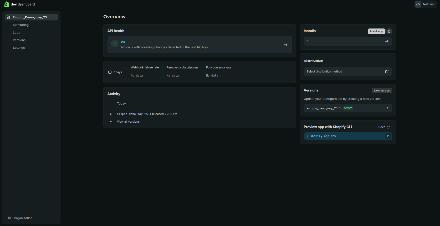 Shopify Dev Dashboard — Partner-Linked App Overview (Distribution section visible)