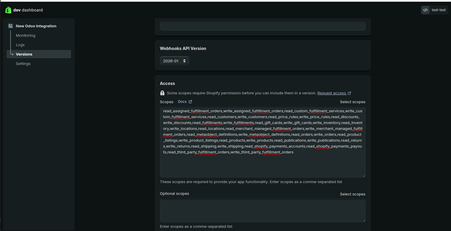 Shopify — Access scopes field